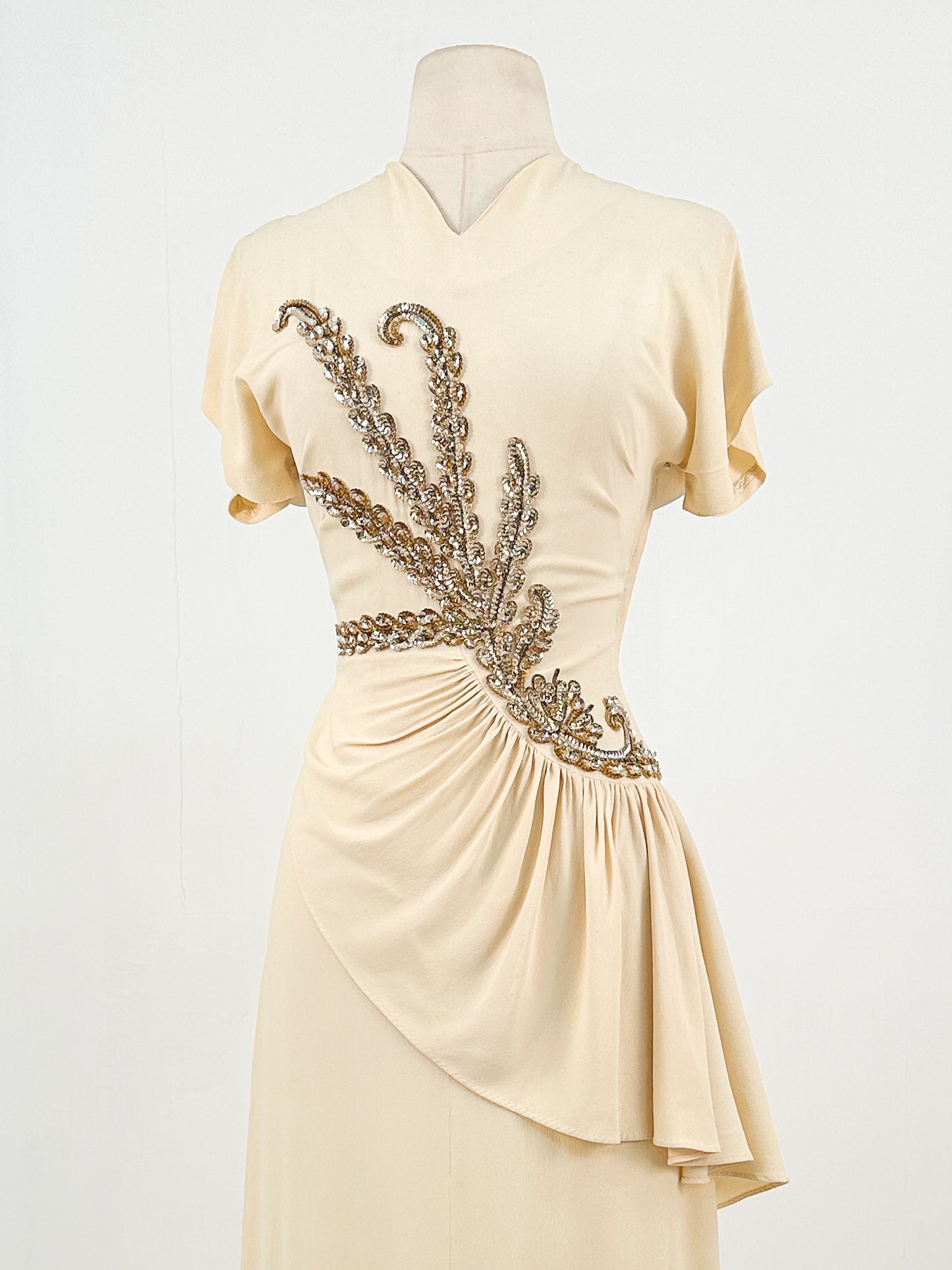 1940s Cream Crepe Sequined Evening Gown / Waist 26