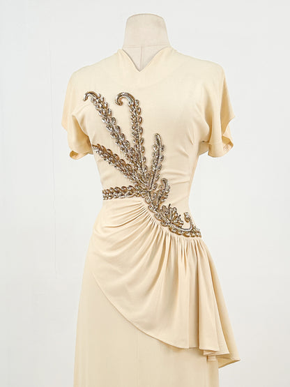 1940s Cream Crepe Sequined Evening Gown / Waist 26