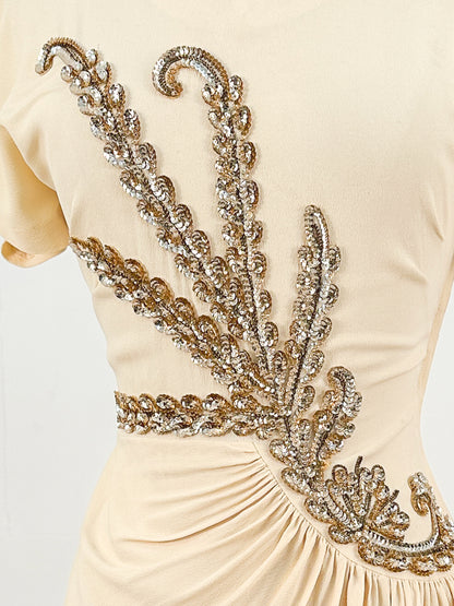 1940s Cream Crepe Sequined Evening Gown / Waist 26
