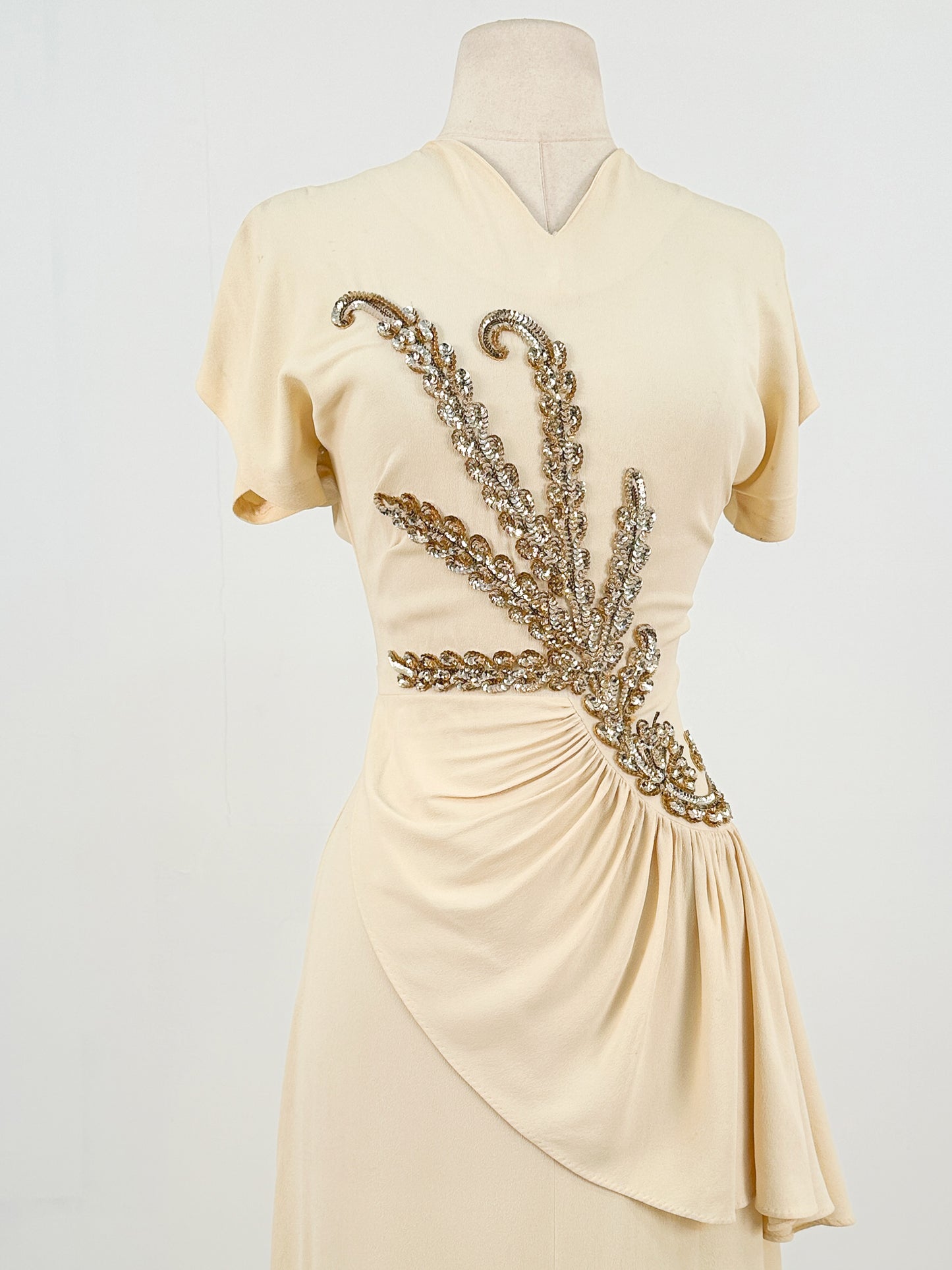 1940s Cream Crepe Sequined Evening Gown / Waist 26