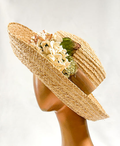 1990s 'Nancy Meyers' Romcom Summer Straw Hat with Hydrangeas