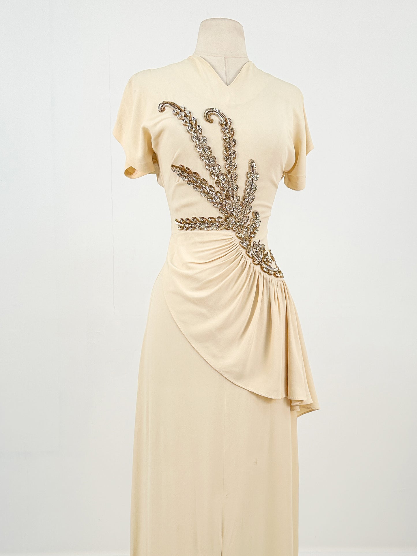 1940s Cream Crepe Sequined Evening Gown / Waist 26