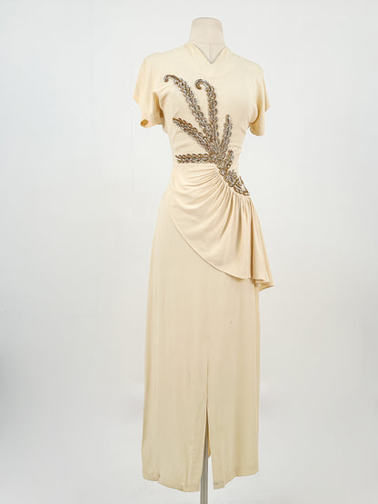 1940s Cream Crepe Sequined Evening Gown / Waist 26