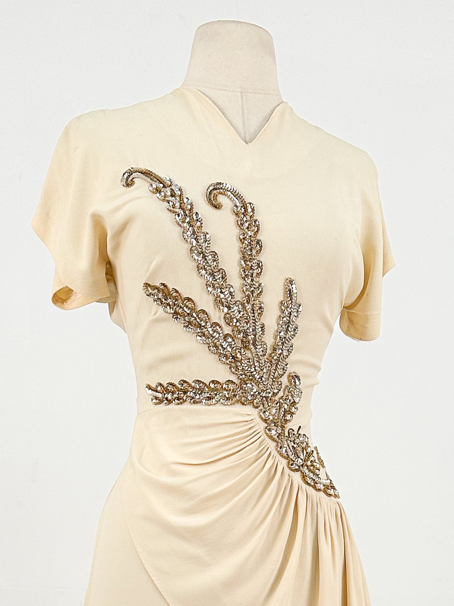 1940s Cream Crepe Sequined Evening Gown / Waist 26