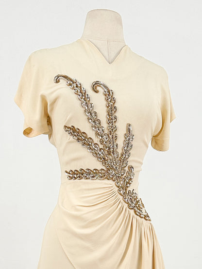 1940s Cream Crepe Sequined Evening Gown / Waist 26