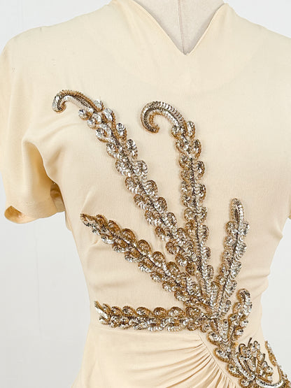 1940s Cream Crepe Sequined Evening Gown / Waist 26