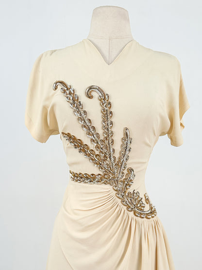 1940s Cream Crepe Sequined Evening Gown / Waist 26