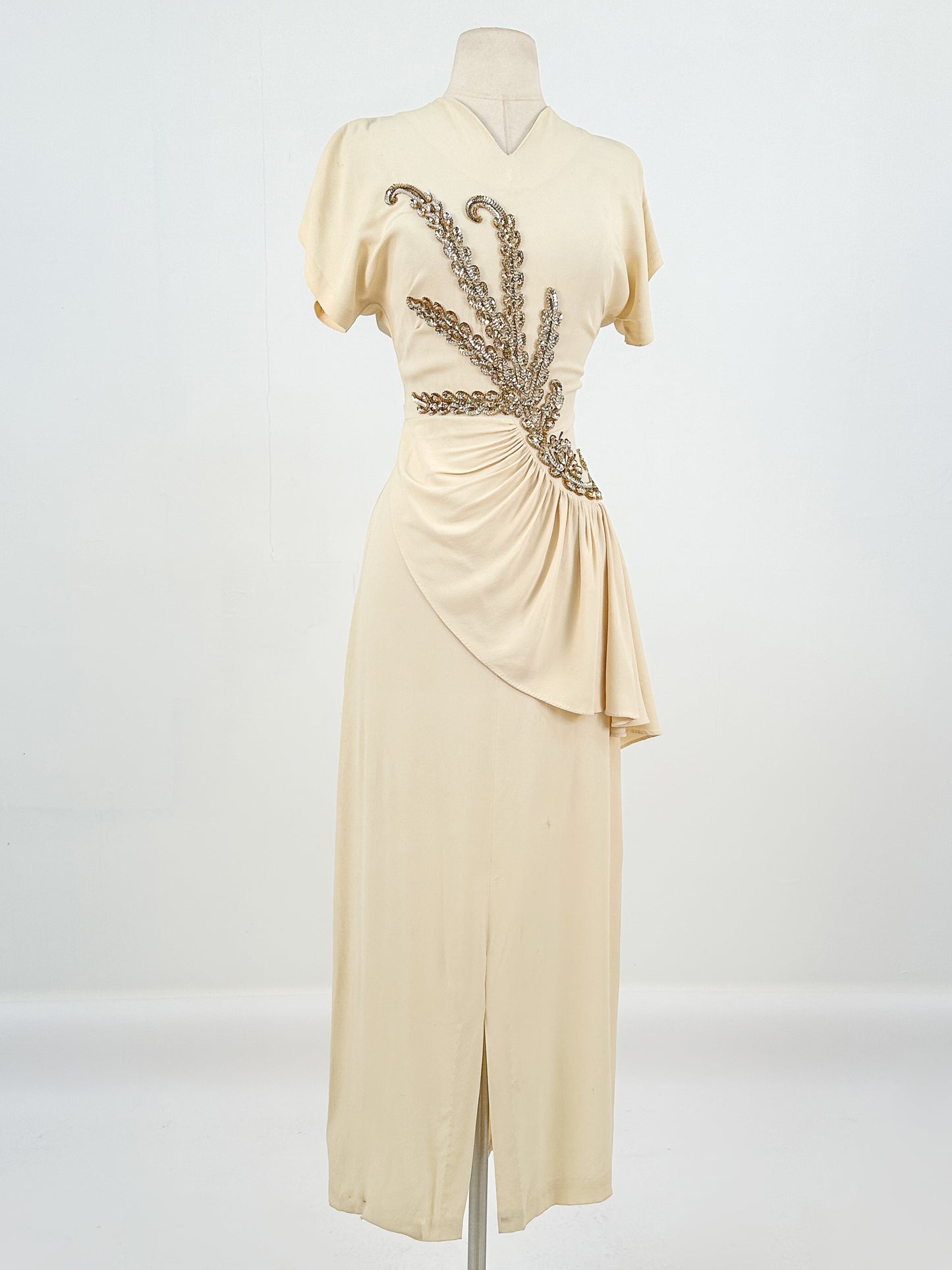 1940s Cream Crepe Sequined Evening Gown / Waist 26
