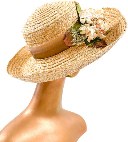 1990s 'Nancy Meyers' Romcom Summer Straw Hat with Hydrangeas