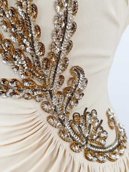 1940s Cream Crepe Sequined Evening Gown / Waist 26