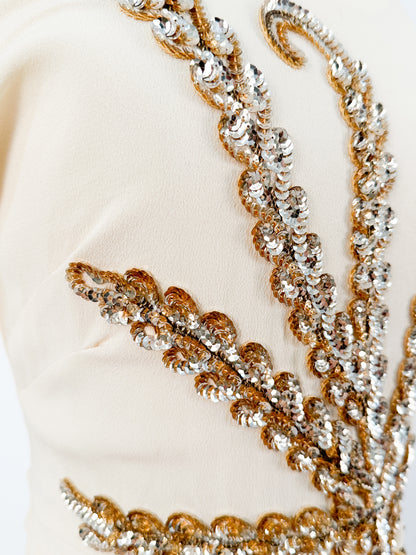 1940s Cream Crepe Sequined Evening Gown / Waist 26