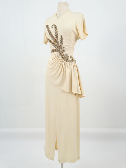 1940s Cream Crepe Sequined Evening Gown / Waist 26