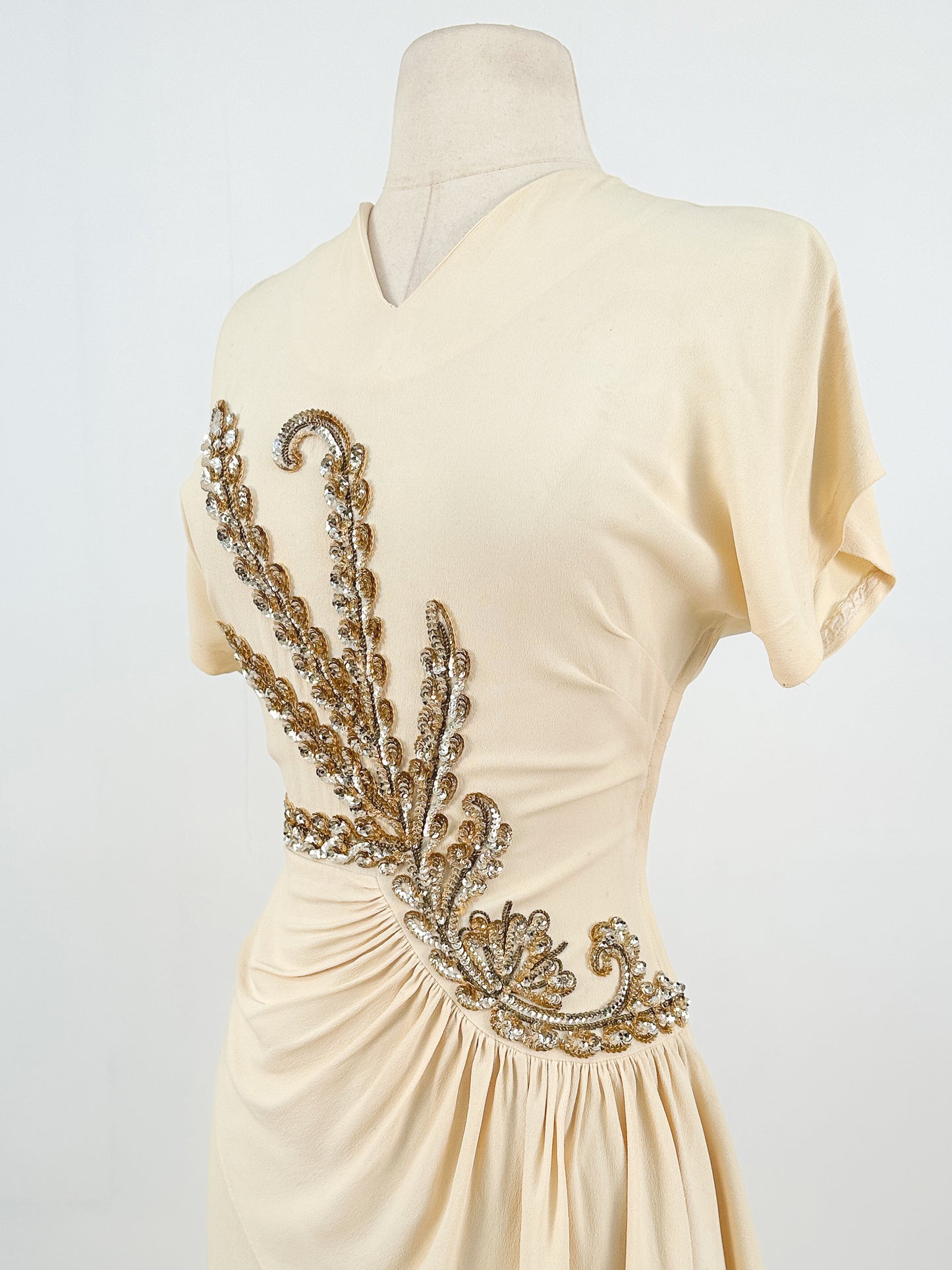 1940s Cream Crepe Sequined Evening Gown / Waist 26