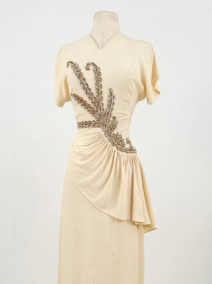 1940s Cream Crepe Sequined Evening Gown / Waist 26