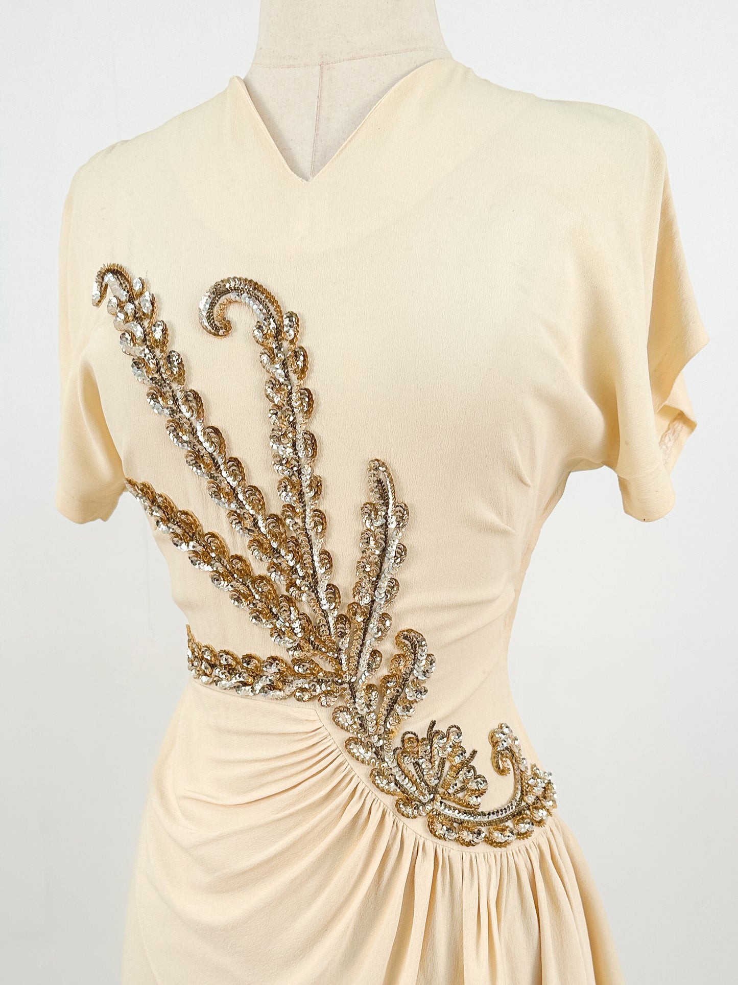 1940s Cream Crepe Sequined Evening Gown / Waist 26