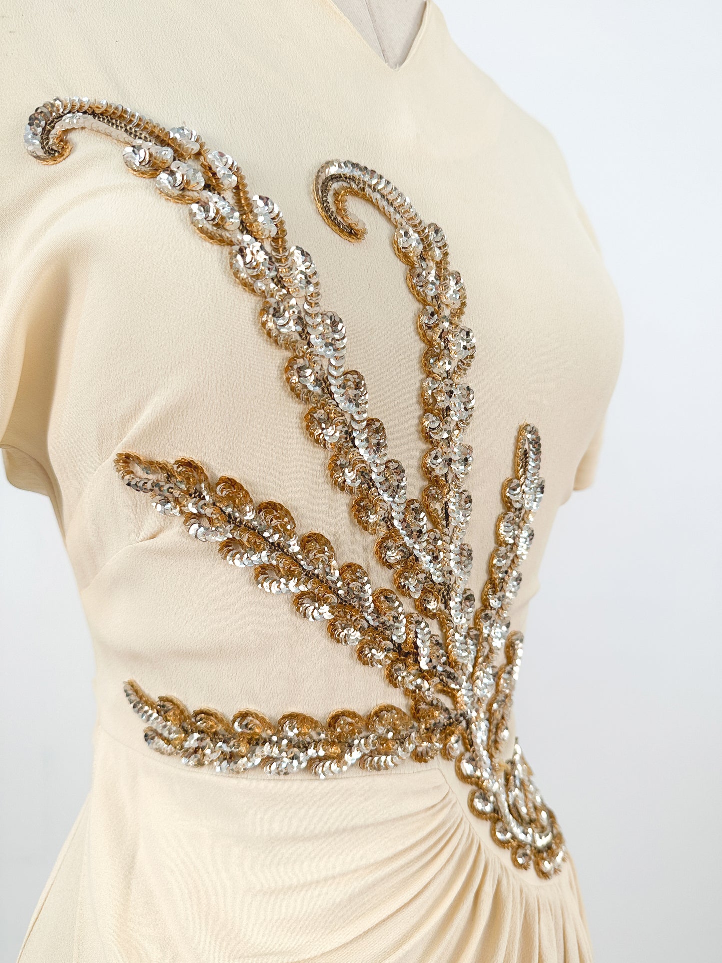 1940s Cream Crepe Sequined Evening Gown / Waist 26