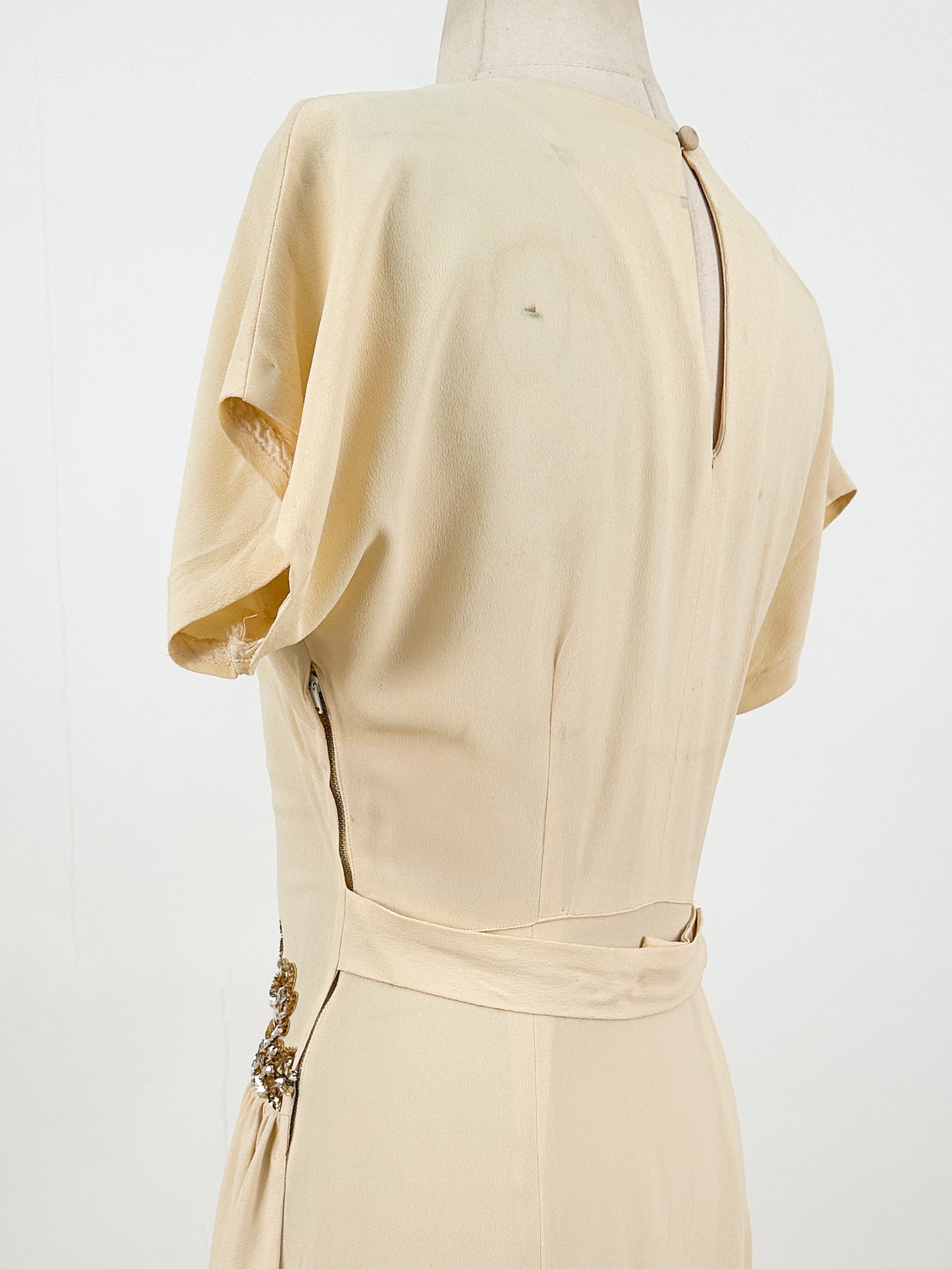 1940s Cream Crepe Sequined Evening Gown / Waist 26