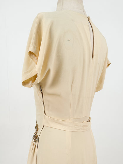 1940s Cream Crepe Sequined Evening Gown / Waist 26