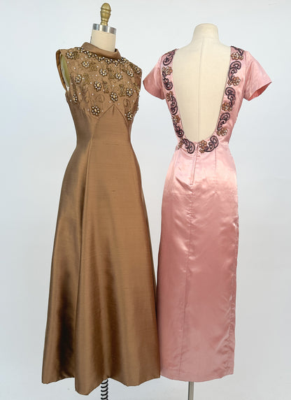 1960s Daring Backless Pink Satin Gown / Waist 28