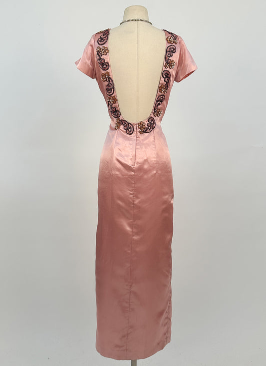 1960s Daring Backless Pink Satin Gown / Waist 28