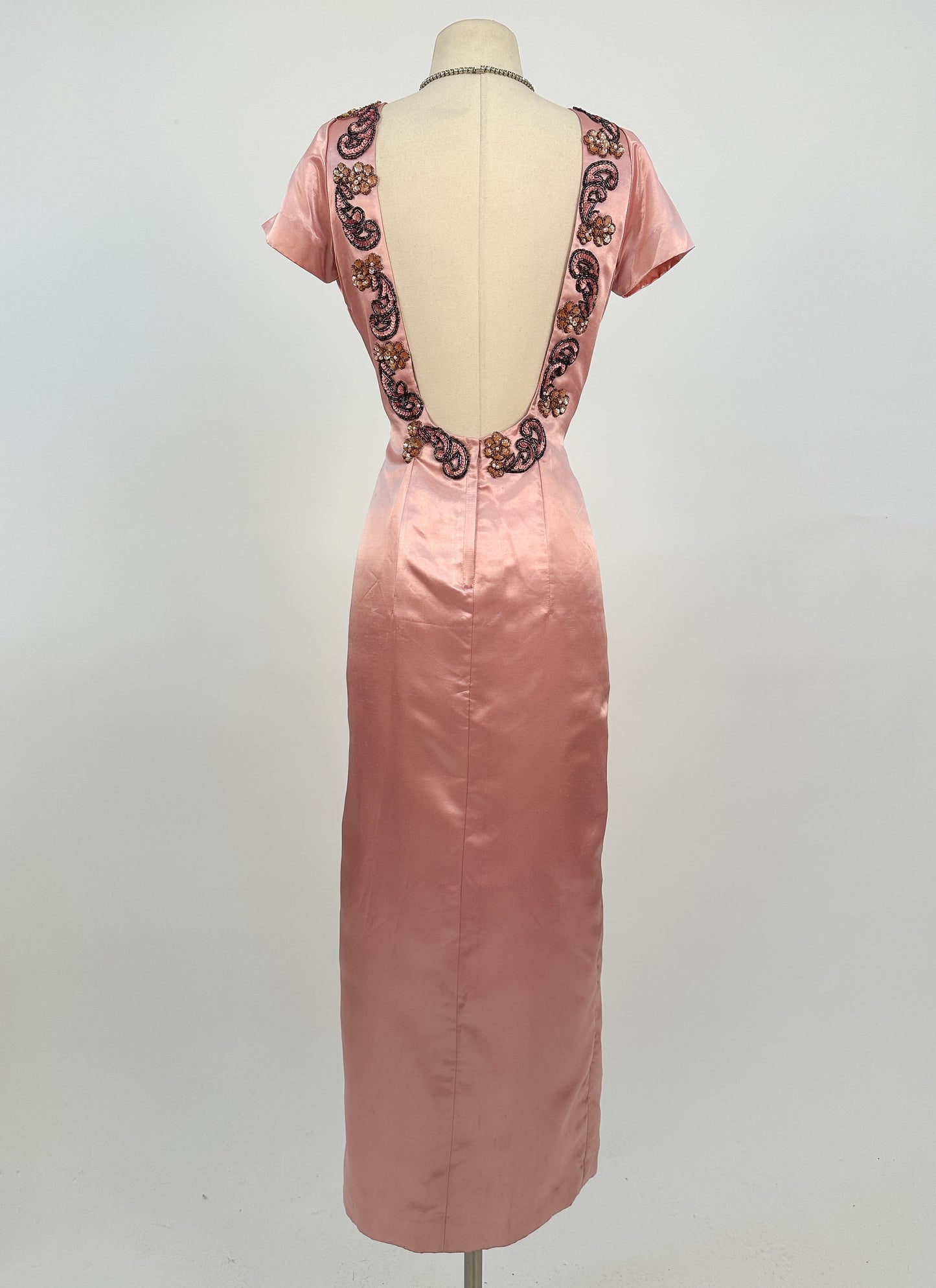 1960s Daring Backless Pink Satin Gown / Waist 28