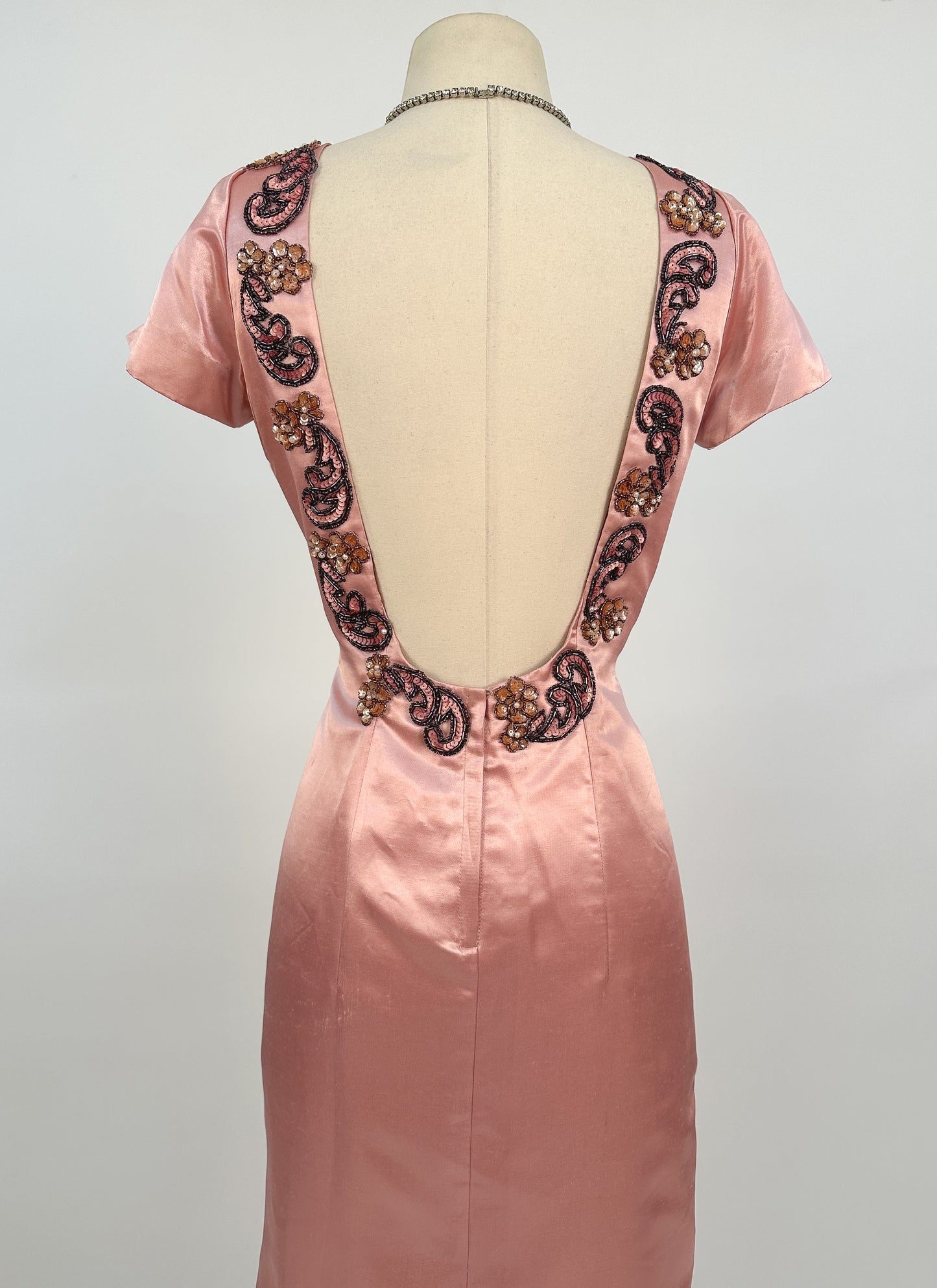 1960s Daring Backless Pink Satin Gown / Waist 28