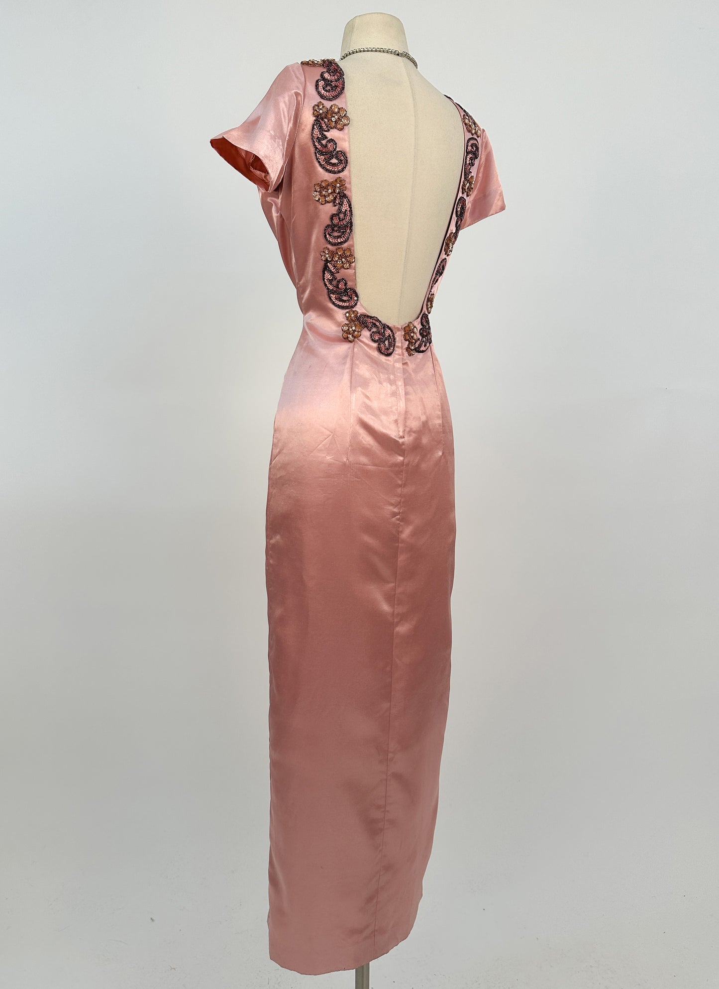 1960s Daring Backless Pink Satin Gown / Waist 28
