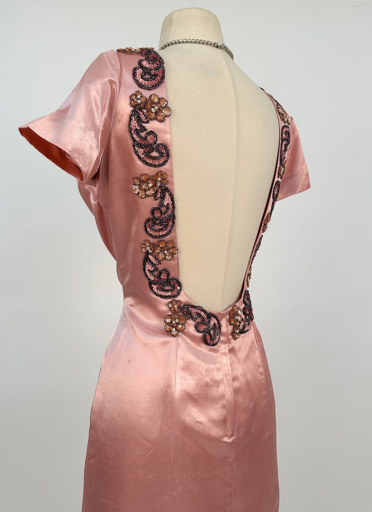 1960s Daring Backless Pink Satin Gown / Waist 28