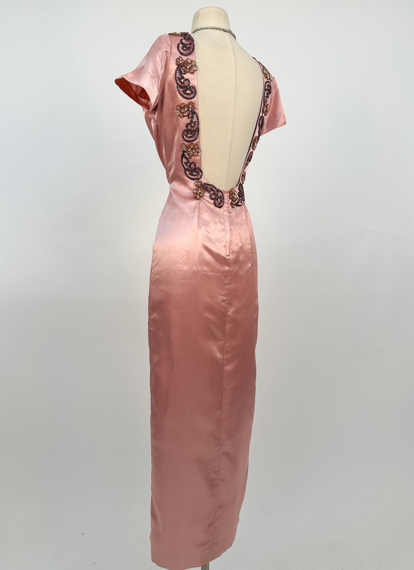 1960s Daring Backless Pink Satin Gown / Waist 28