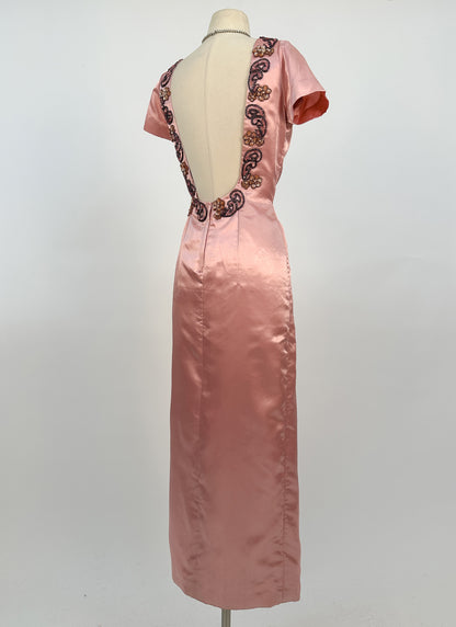 1960s Daring Backless Pink Satin Gown / Waist 28