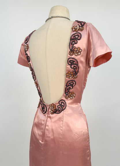 1960s Daring Backless Pink Satin Gown / Waist 28