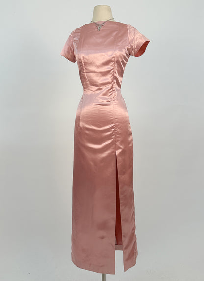 1960s Daring Backless Pink Satin Gown / Waist 28