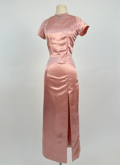1960s Daring Backless Pink Satin Gown / Waist 28