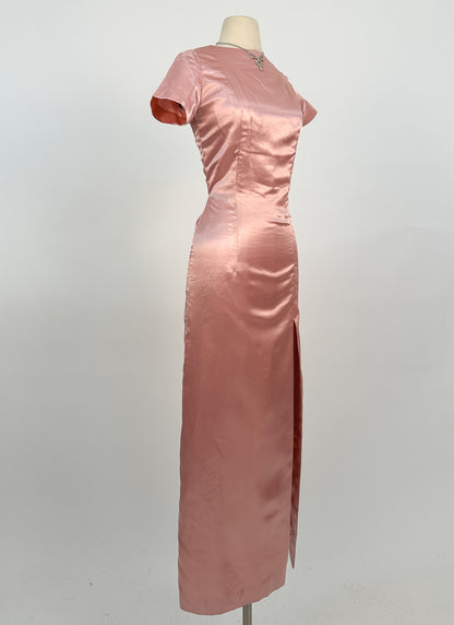 1960s Daring Backless Pink Satin Gown / Waist 28