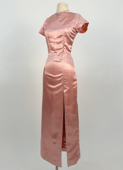 1960s Daring Backless Pink Satin Gown / Waist 28