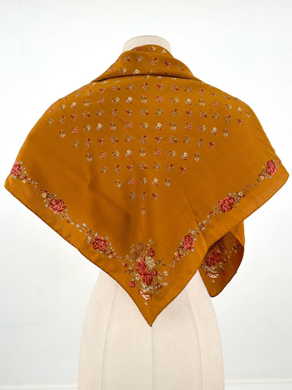 1970s Copper Silk Fall Floral Scarf