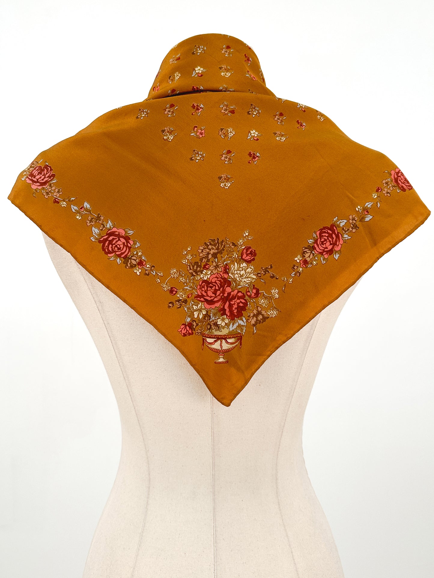 1970s Copper Silk Fall Floral Scarf