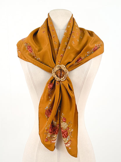 1970s Copper Silk Fall Floral Scarf
