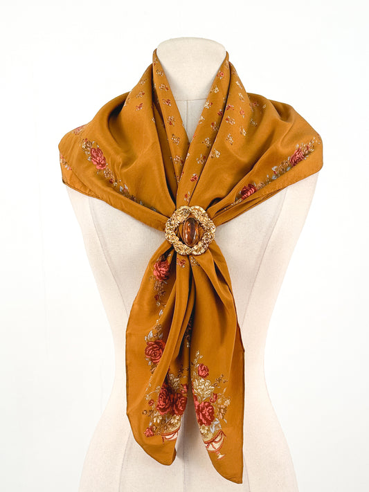 1970s Copper Silk Fall Floral Scarf