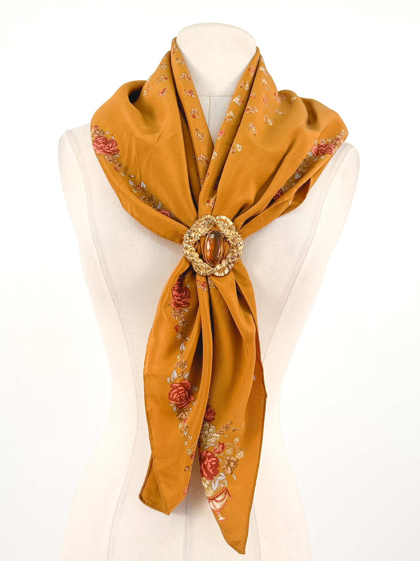1970s Copper Silk Fall Floral Scarf