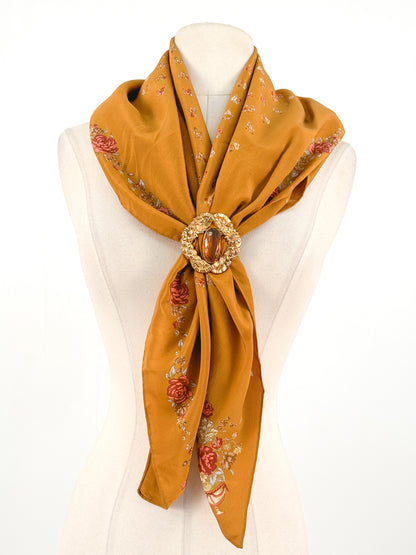 1970s Copper Silk Fall Floral Scarf