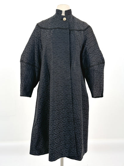 1950s Black Jacquard Swing Coat with Gold Lining / OSMF