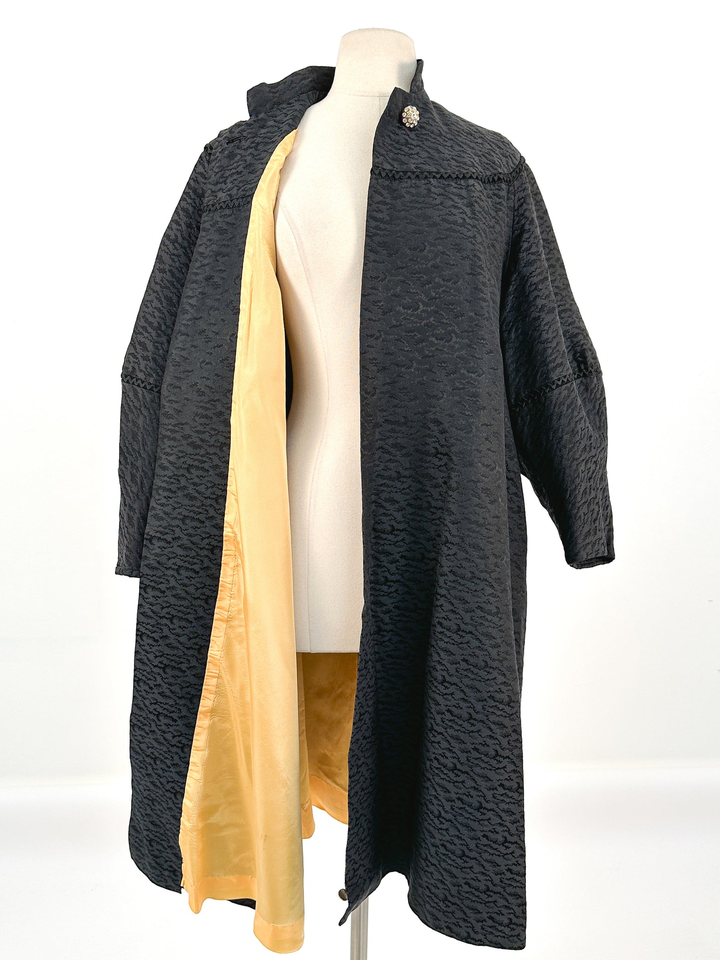 1950s Black Jacquard Swing Coat with Gold Lining / OSMF