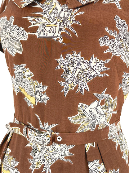 1940s Brown Silk Wiggle Dress with Novelty Print / Waist 26