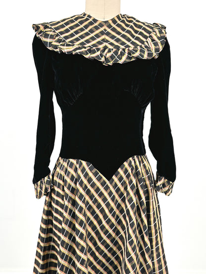 1940s Black Velvet and Plaid Taffeta Gown / Waist 24