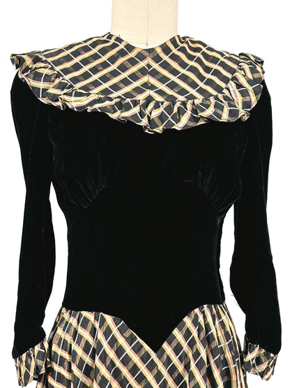 1940s Black Velvet and Plaid Taffeta Gown / Waist 24