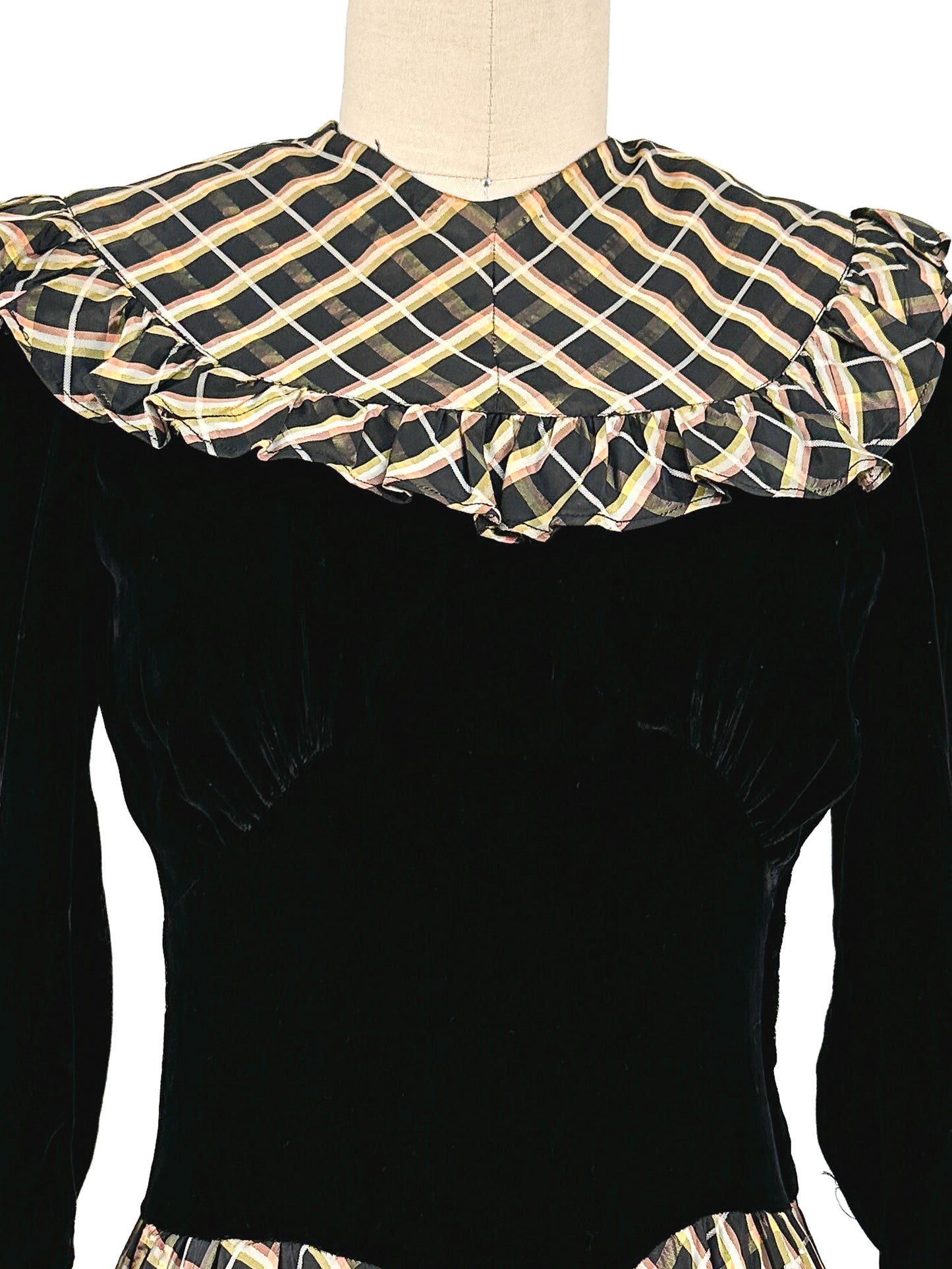 1940s Black Velvet and Plaid Taffeta Gown / Waist 24