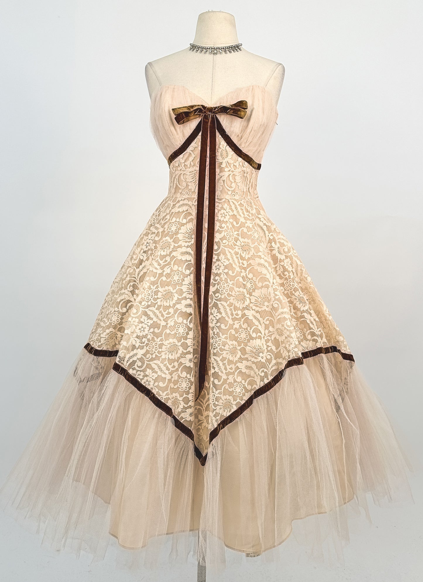 1950s Swoon Worthy Champagne Lace and Tulle Gown / Waist 26