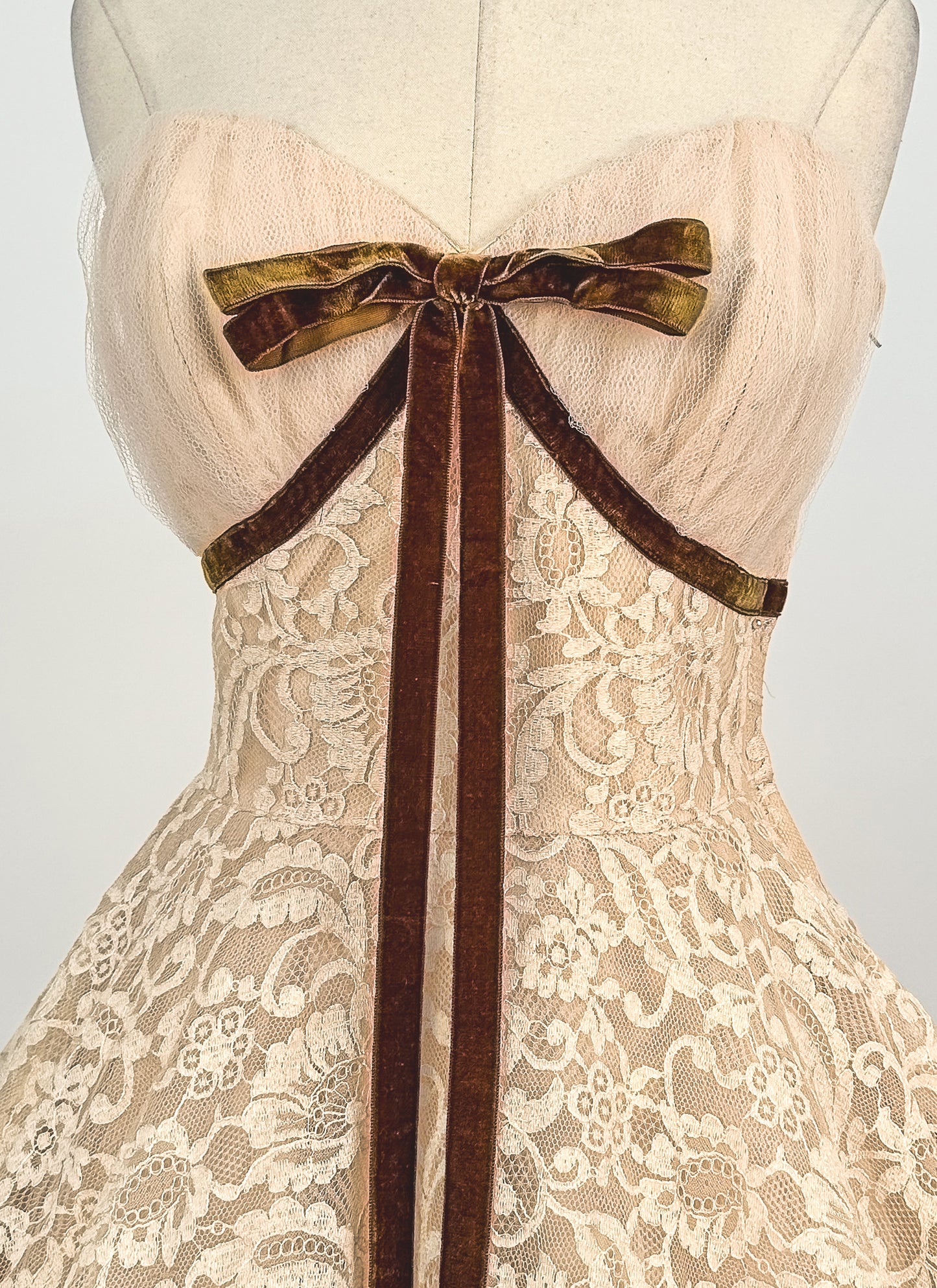 1950s Swoon Worthy Champagne Lace and Tulle Gown / Waist 26