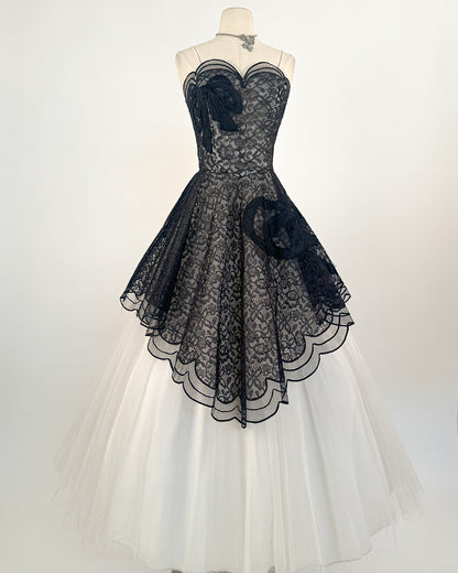 1950s Stunning and Rare Lace and Tulle Ball Gown by Emma Domb / Waist 28
